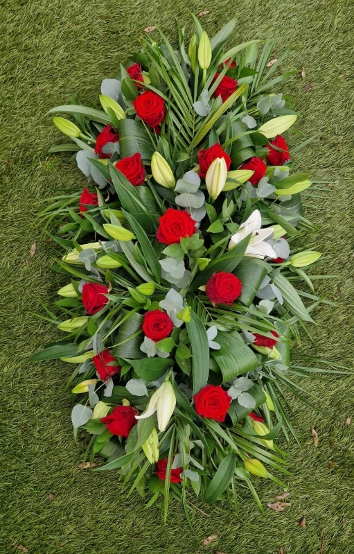 Red Roses & White Lilies Coffin Spray