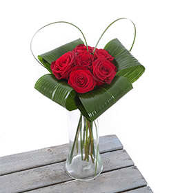 Red Roses in Vase with greenery design