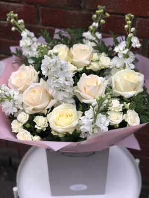 Mixed Roses, spray roses & white stock