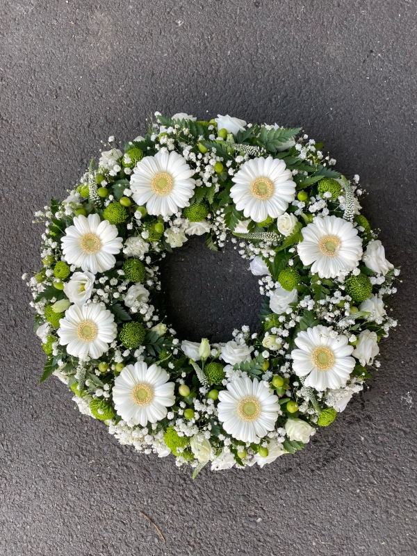 White & green open wreath tribute