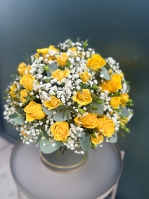 Yellow roses, spray rose & gyp hatbox