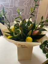 Lilies, bamboo and dahlia mixed bouquet