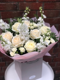 Mixed Roses, spray roses & white stock