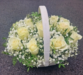 Small white roses & gyp basket