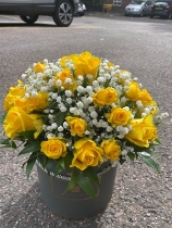 Yellow roses, spray rose & gyp hatbox